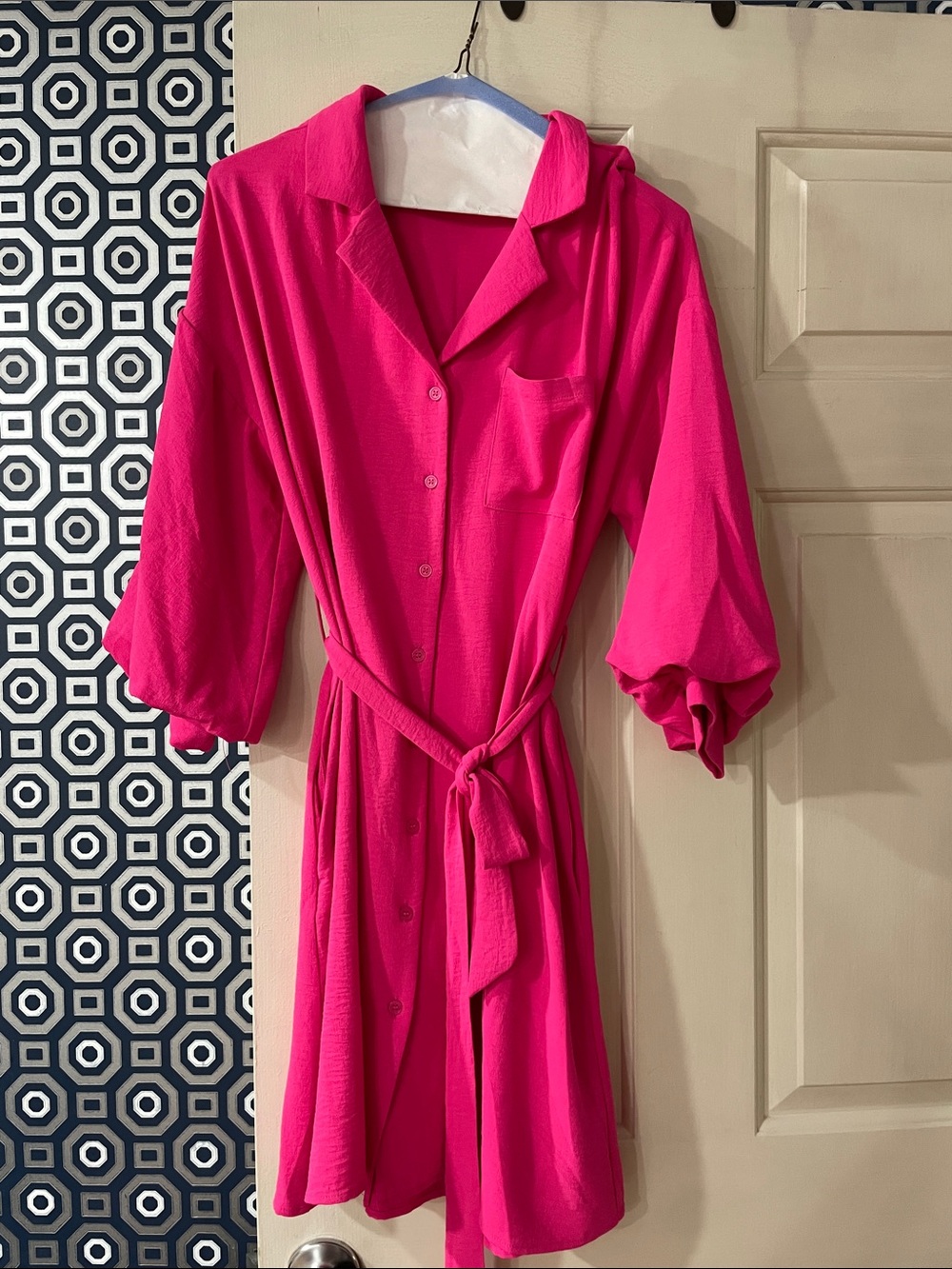 JODIFL Hot Pink Button-Front Midi Shirt Dress with Tie Waist